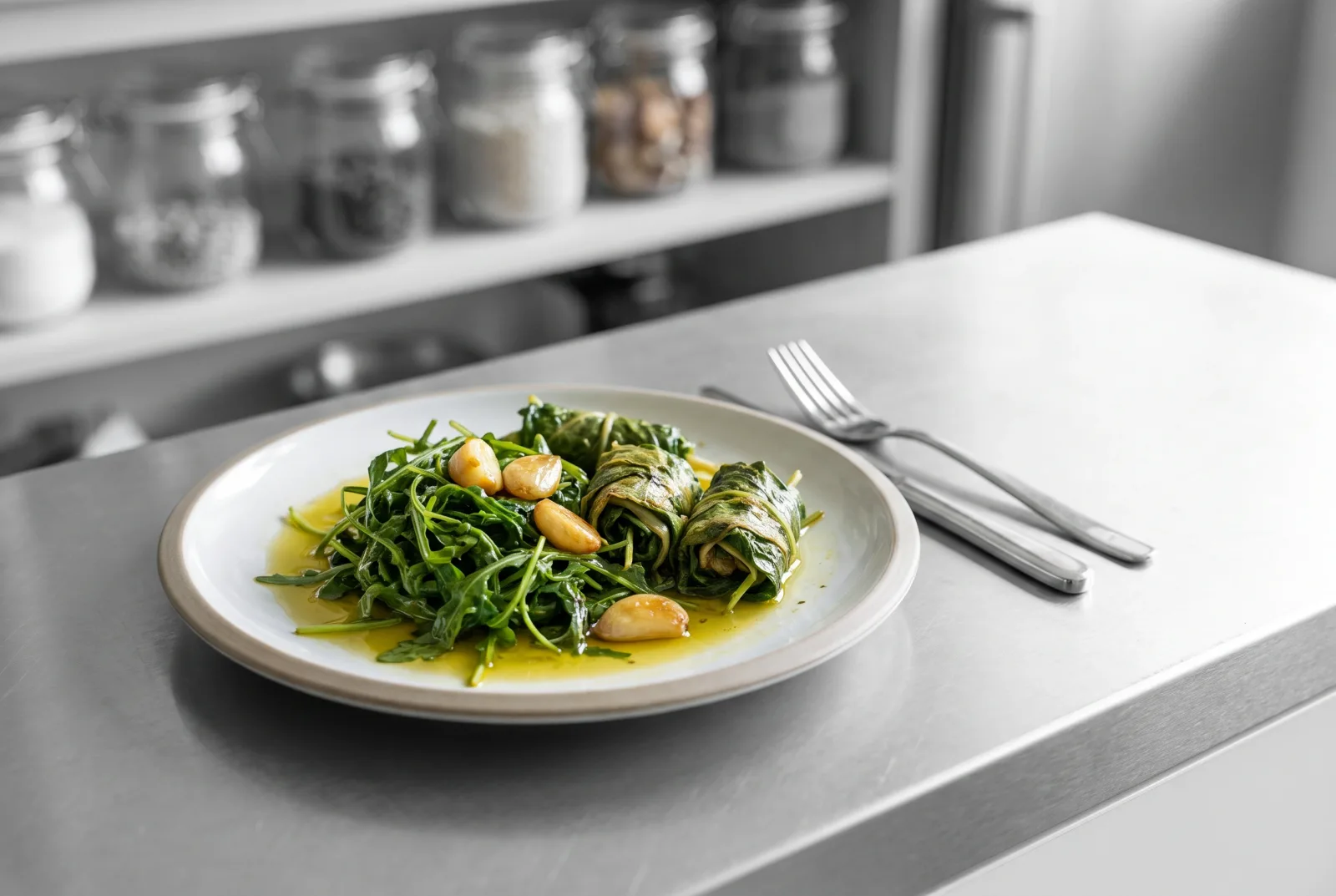 Arugula in olive oil — Syrian-style with garlic and lemon