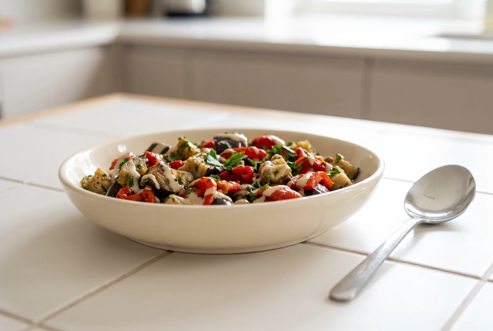 Turkish Meze Salad with Roasted Eggplant and Pepper | Tahini and Pomegranate Molasses