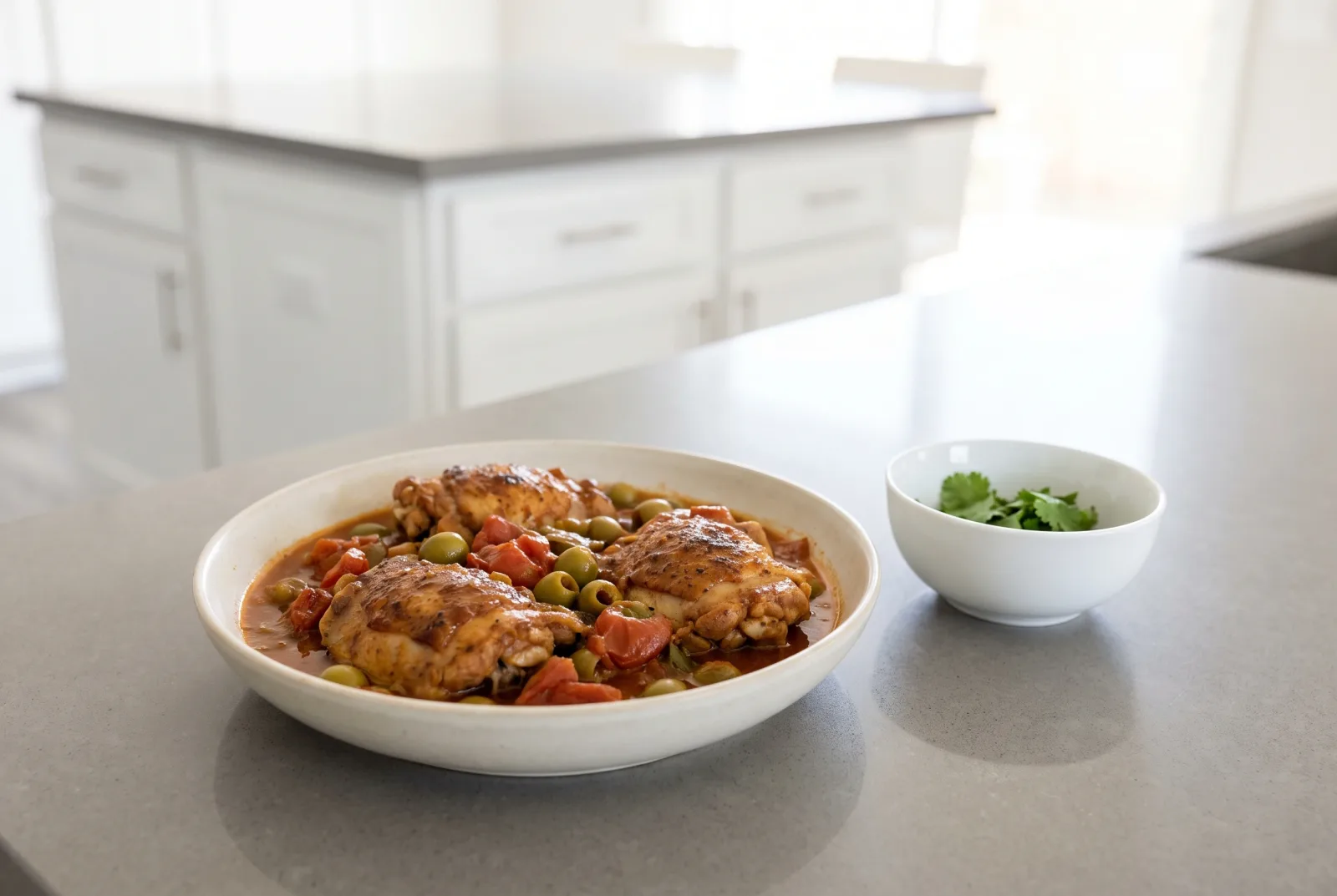 Spicy Cuban chicken fricasé — pressure-cooked with olives and tomatoes