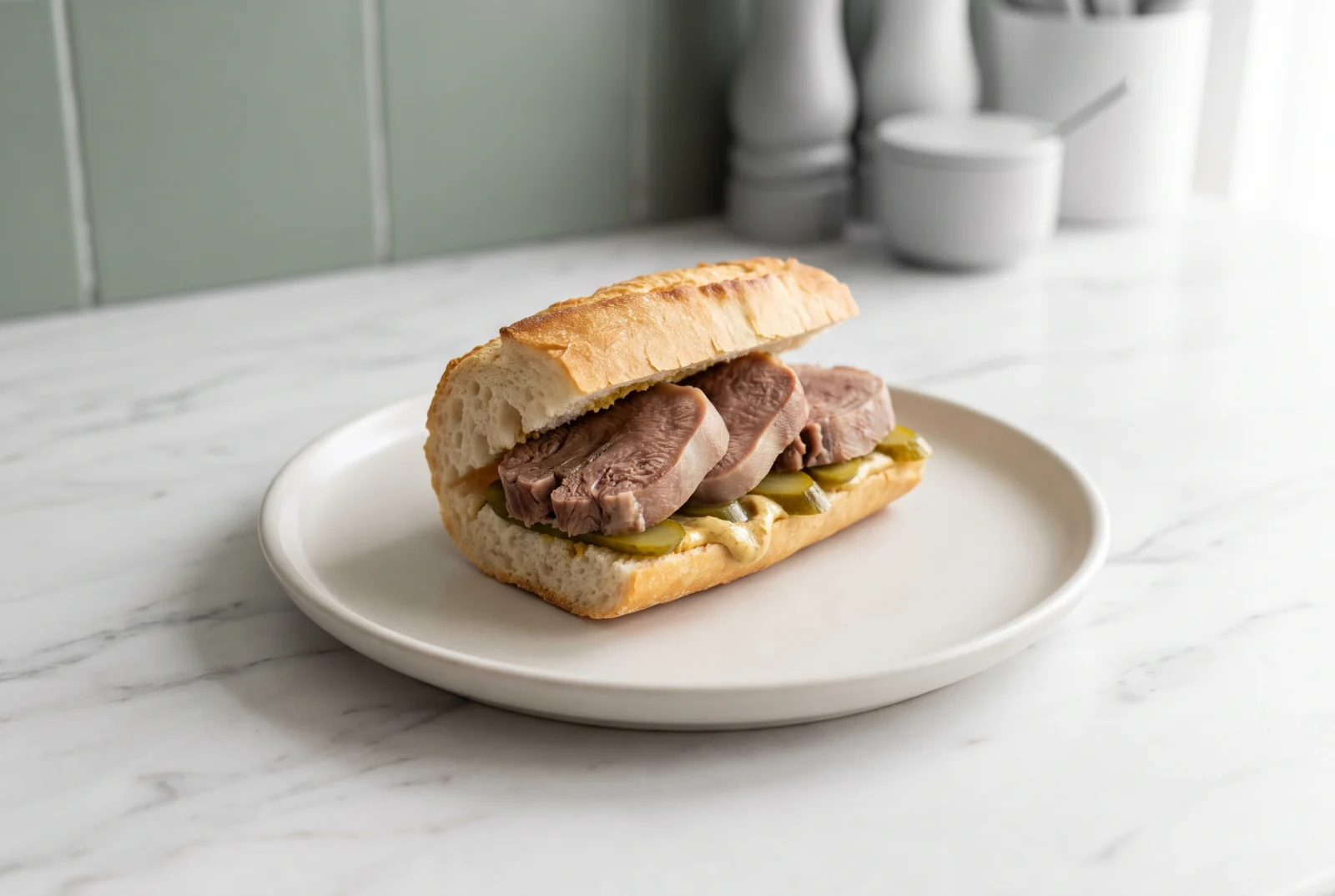 Beef Tongue Sandwich with Mustard and Pickles
