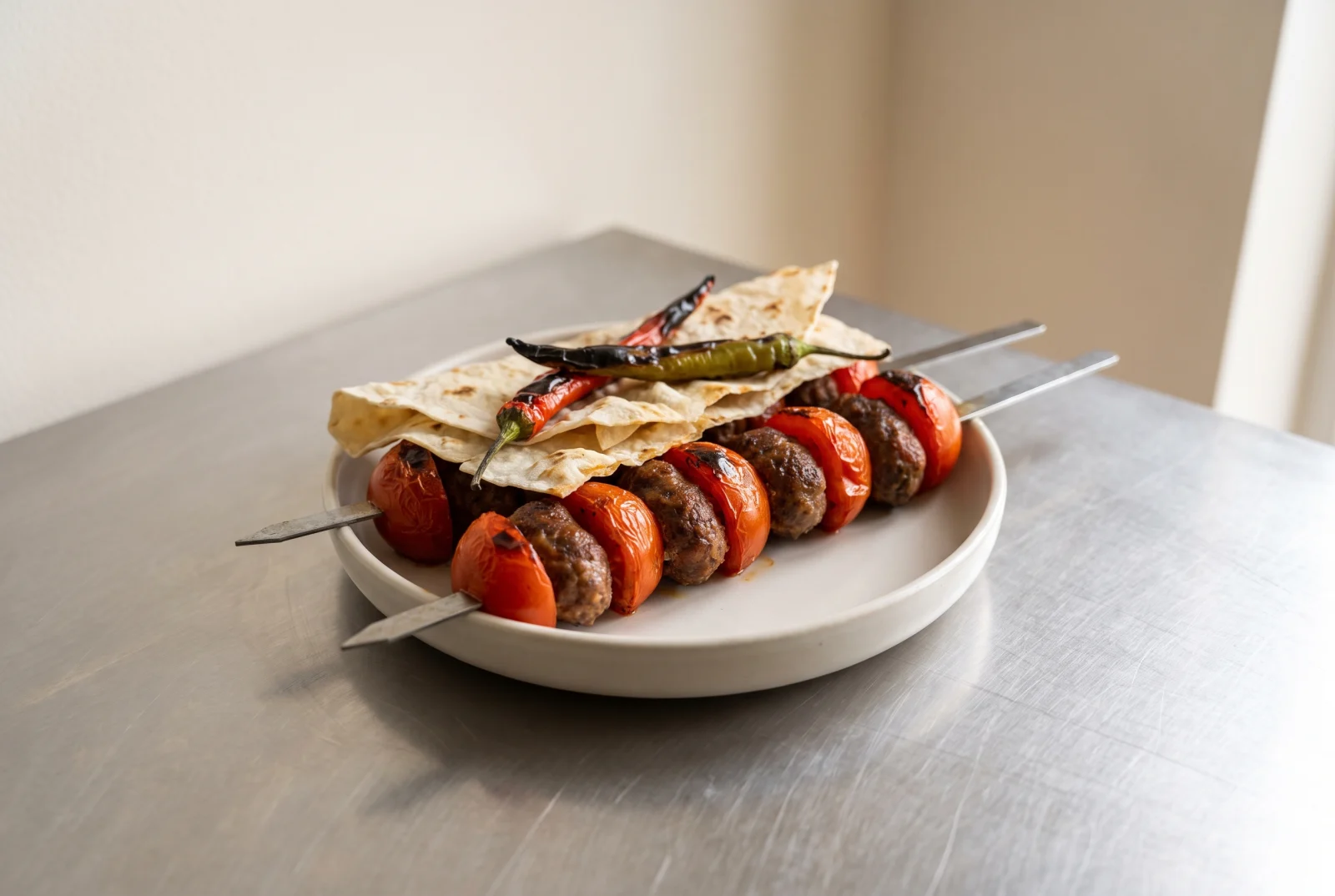 Domates Kebabı (Grilled Lamb and Tomato Skewers with Flatbread)