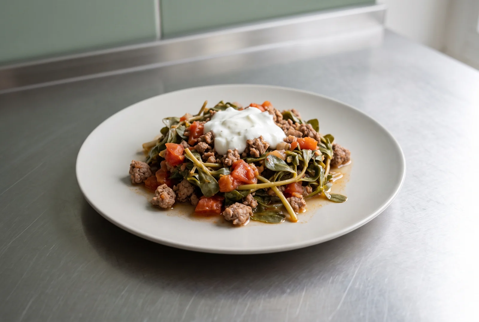 Purslane with Ground Beef and Tomatoes