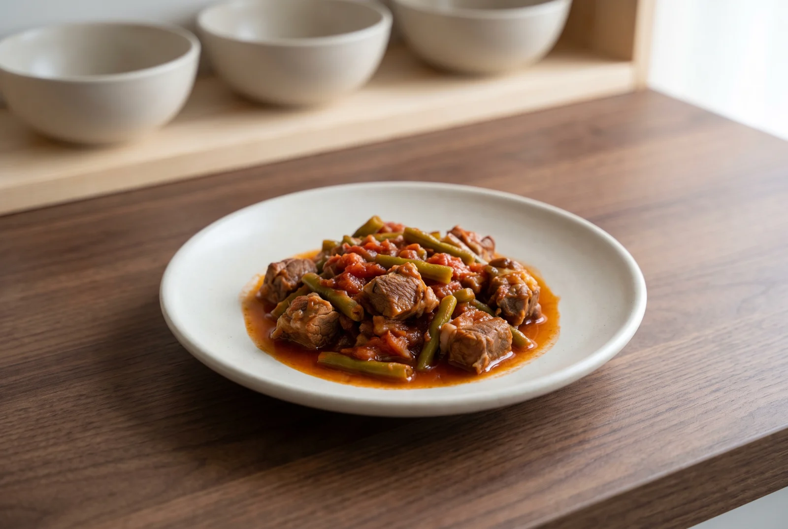 Clay-Pot Lamb and Fresh Green Beans in Tomato Sauce