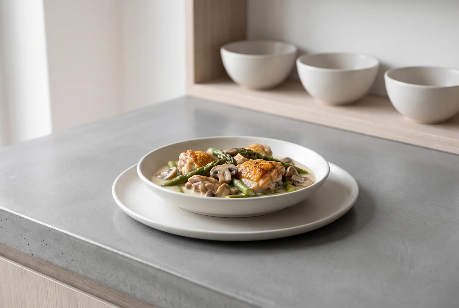 Hühnerfrikassee (German Chicken Fricassee with Asparagus) and Mushrooms