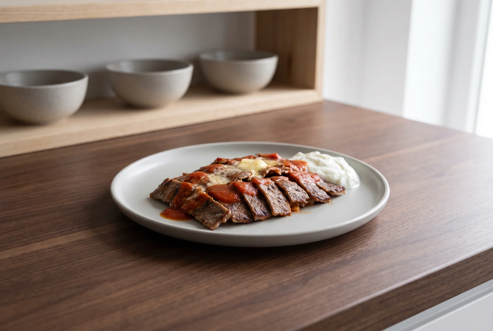 İskender Kebabı (Bursa-style rotisserie lamb over pita with yogurt and sizzling butter)