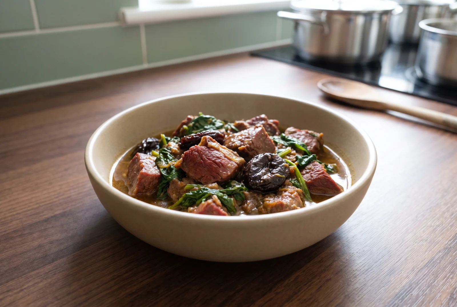 Khoresh Alu Esfenaj | Iranian Meat Stew with Spinach and Dried Plums