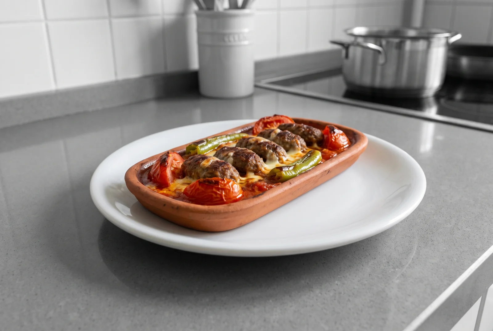 Kiremitte Kofta | Turkish Baked Meatballs with Tomatoes and Peppers in Earthenware