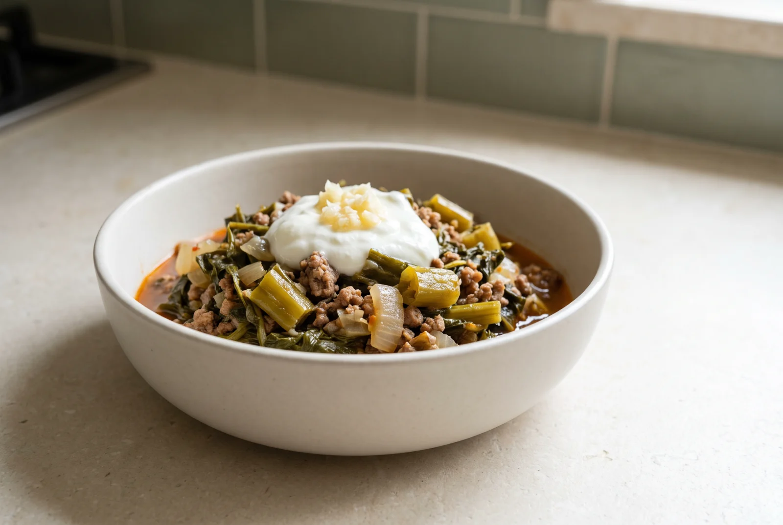 Ground Beef Madimak — Sivas-Style Greens with Beef and Onion