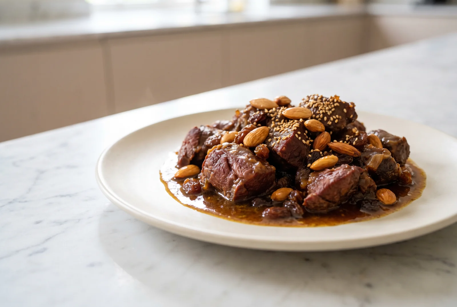 Mrouzia | Moroccan Lamb with Honey, Raisins, and Almonds