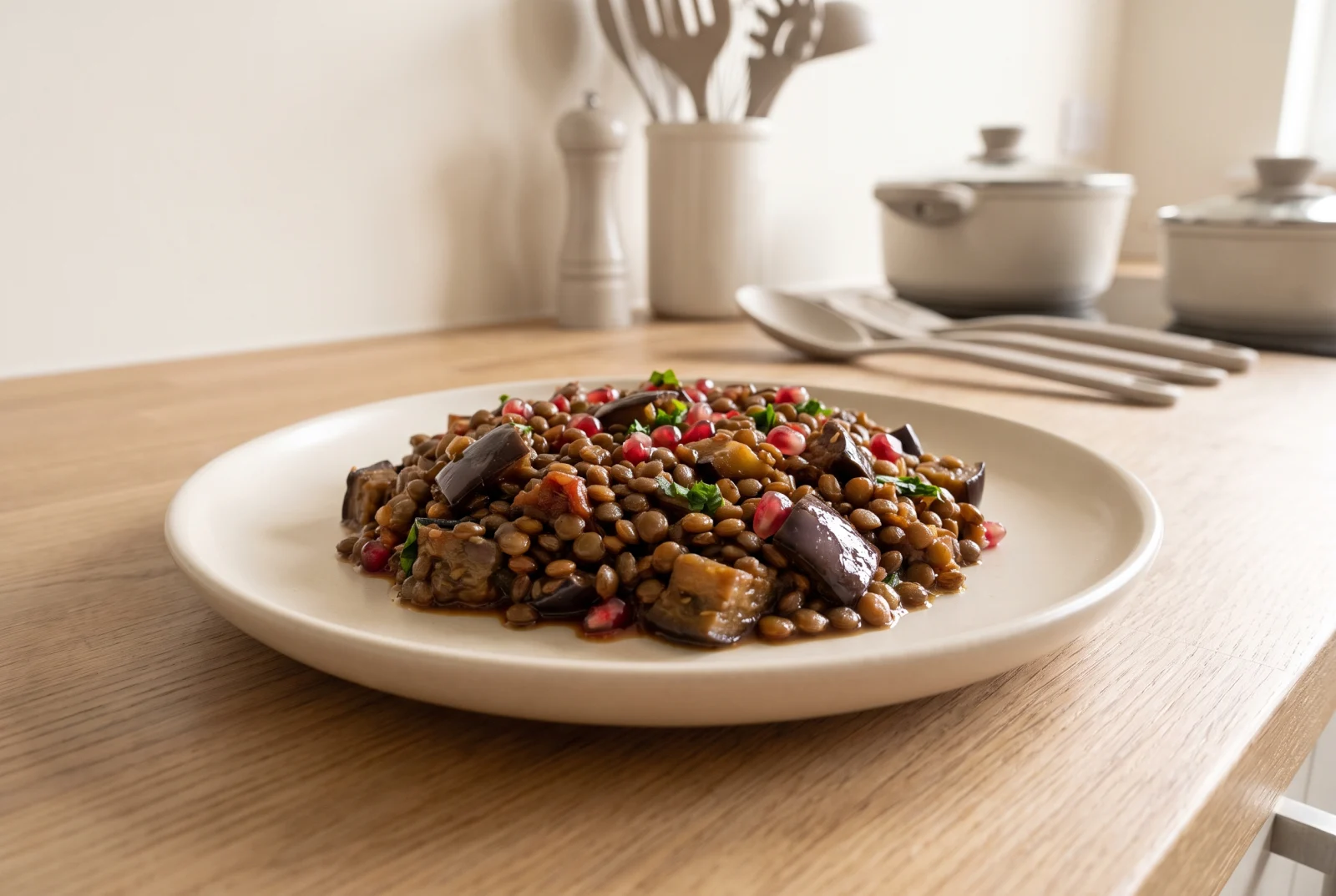 Rummaniyeh | Jordanian Lentils and Eggplant with Pomegranate Molasses