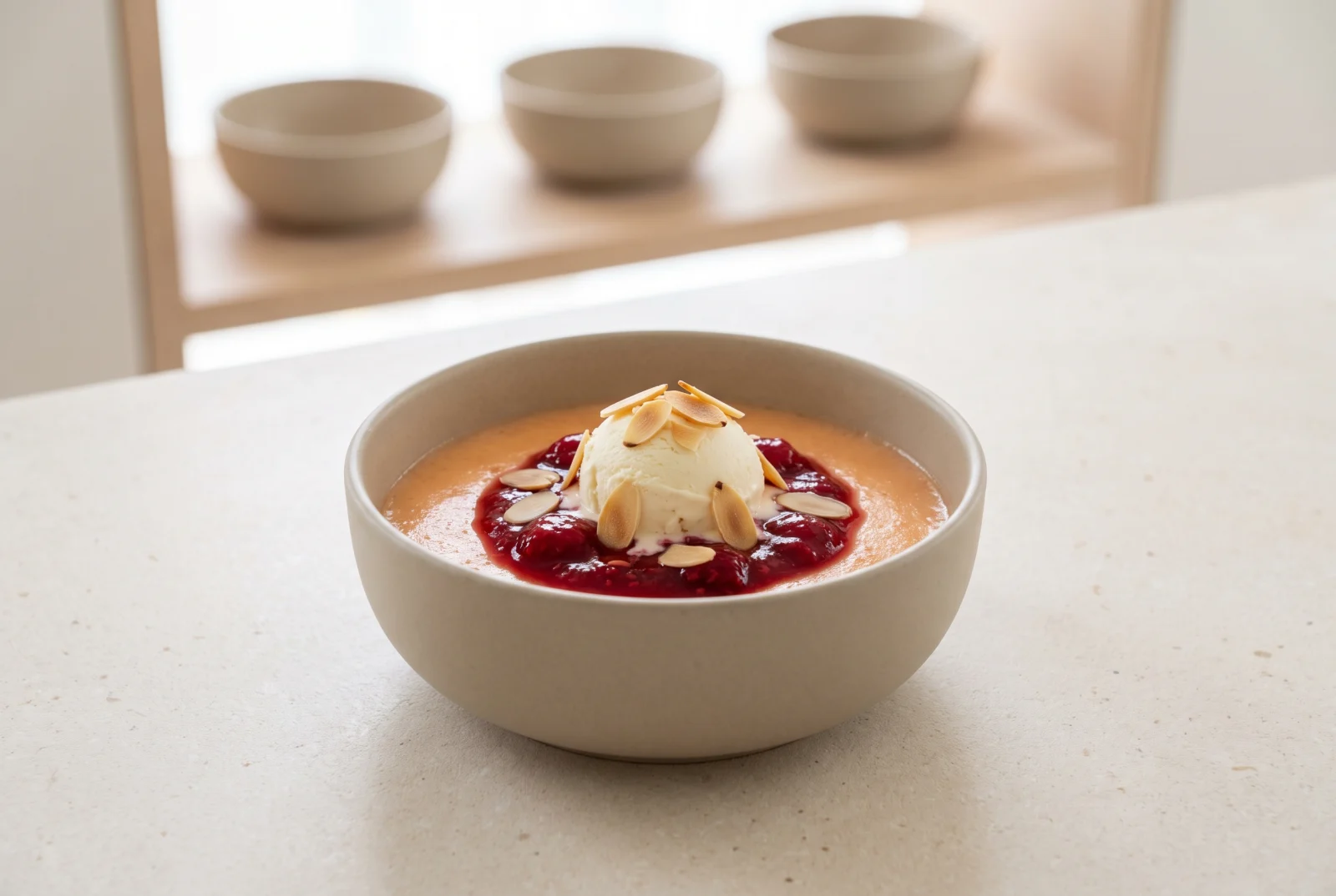 Peach Melba | Raspberry Sauce over Vanilla Ice Cream