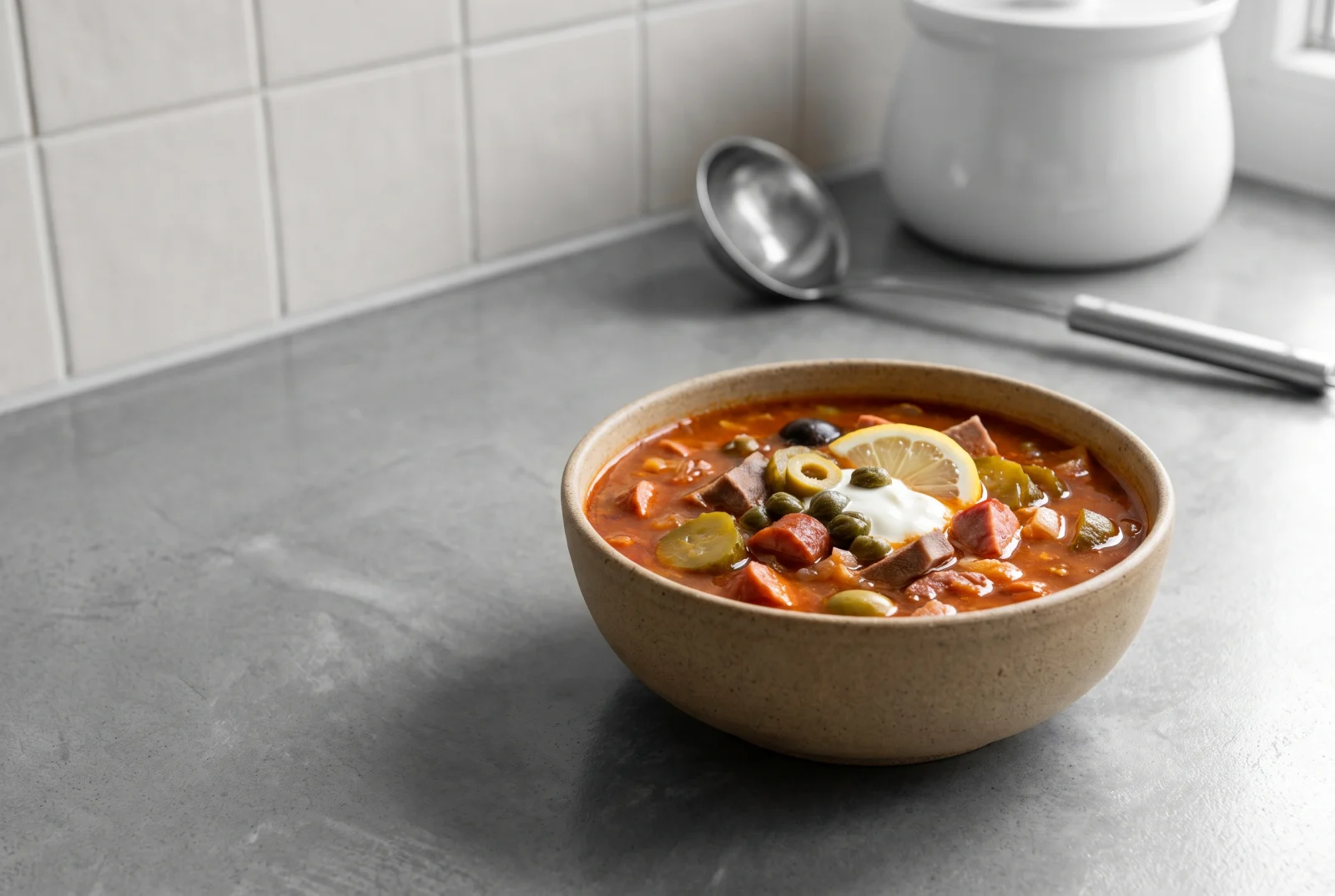 Solyanka — Russian Mixed-Meat Soup with Beef Tongue and Pickles