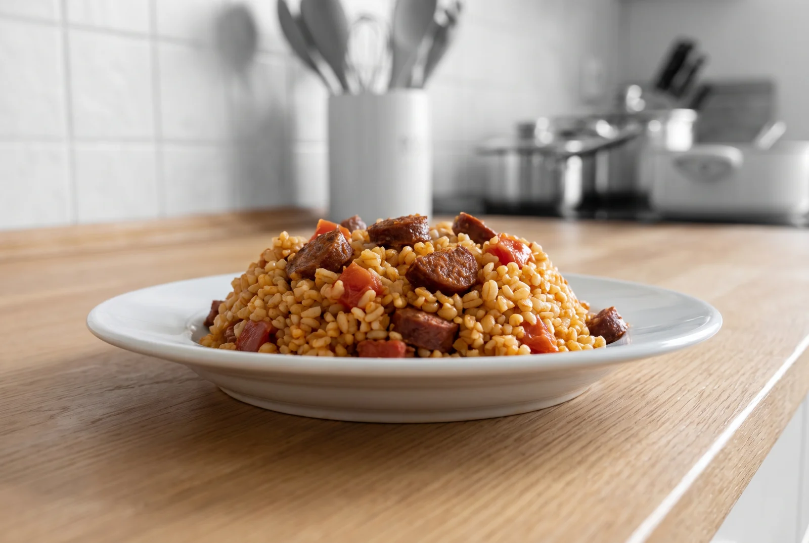 Bulgur Pilaf with Turkish Beef Sausage — Tomato Breakfast Pilaf