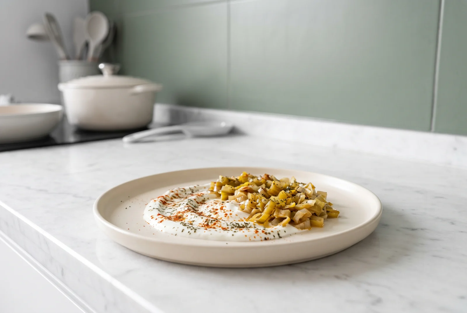 Sautéed Leeks with Garlic Yogurt and Chili Butter