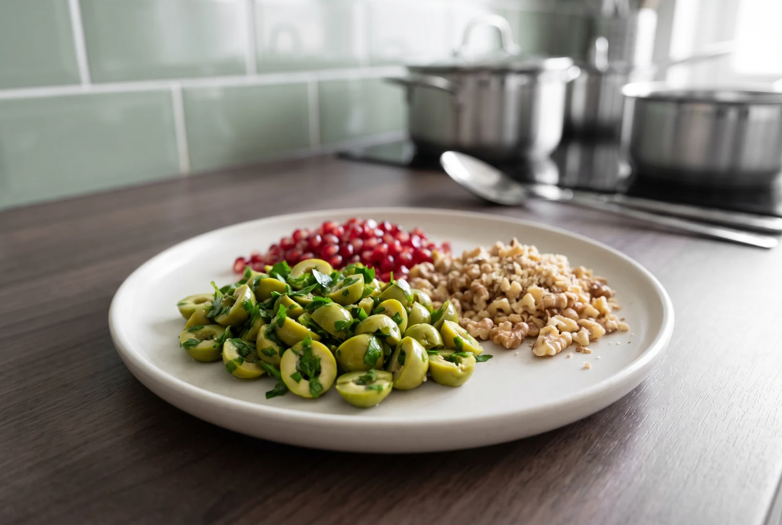 Hatay-Style Olive Piyaz Salad with Pomegranate and Walnuts