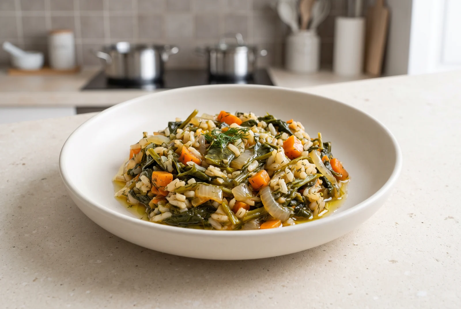 Olive Oil-Braised Lamb’s Quarters | Aegean-Style Greens with Rice
